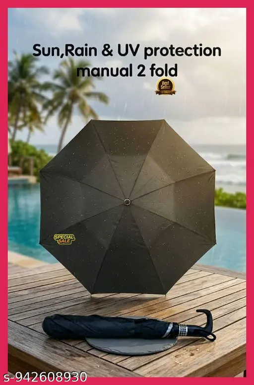 2 Fold UV Protection Umbrella For MenWomen Black Silver Coating Regular(Pack Of 1)