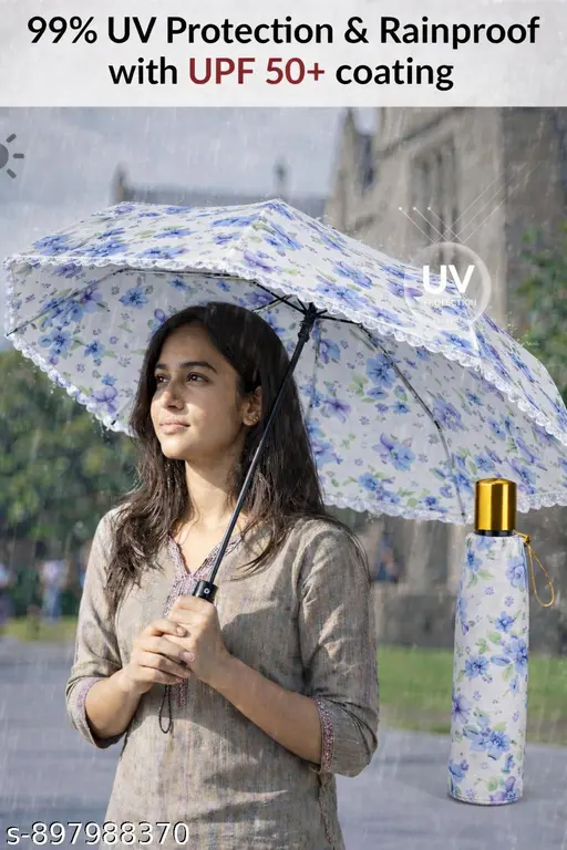 Manually On Off Trendy Printed Waterproof Sun, Rain Umbrella Multicolor blue