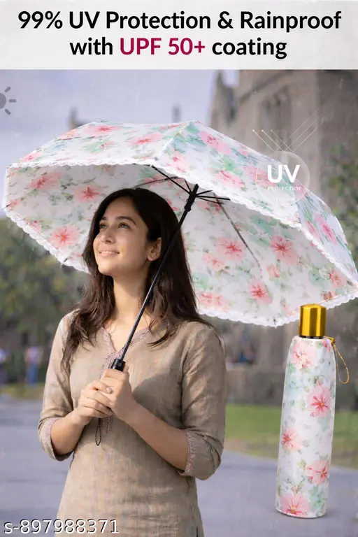 Manually On Off Trendy Printed Waterproof Sun, Rain Umbrella pink