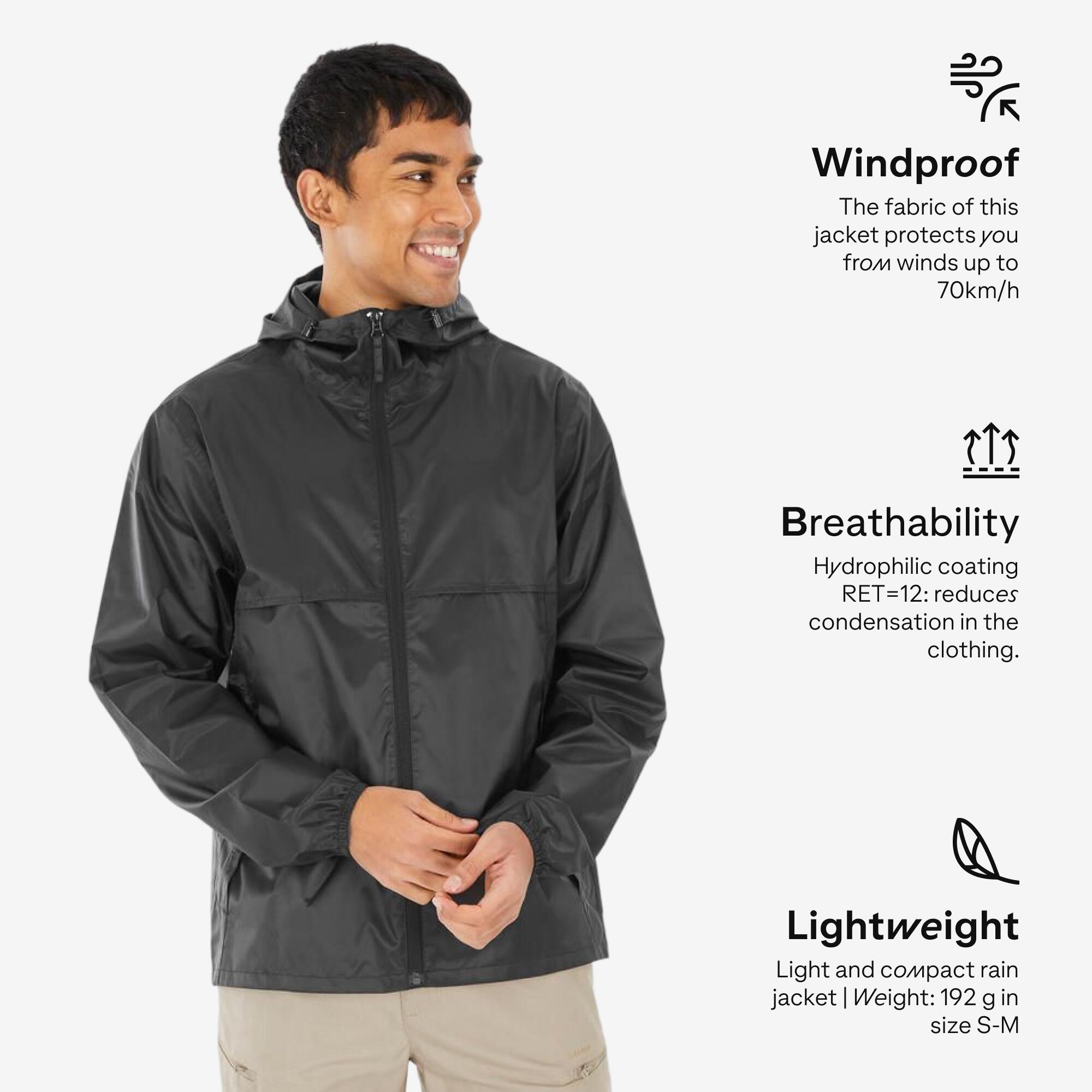 Raincoat Men Waterproof Full Zip Hiking Jacket with 5000mm Coating - Black