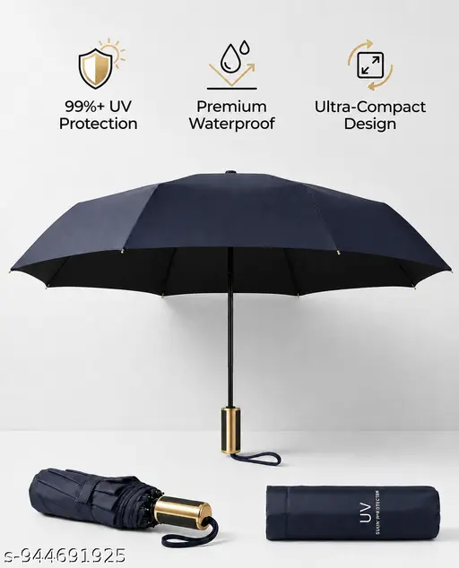 UV Protection Compact Folding Umbrella for Men & Women  Windproof, Waterproof Travel Umbrella with Storage Case  Sun & Rain Protection  Lightweight Portable Umbrella (Navy Blue)